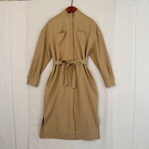 CO Tan Wool Cotton Band Collar Long Sleeve Belted Midi Shirtdress Medium NWT